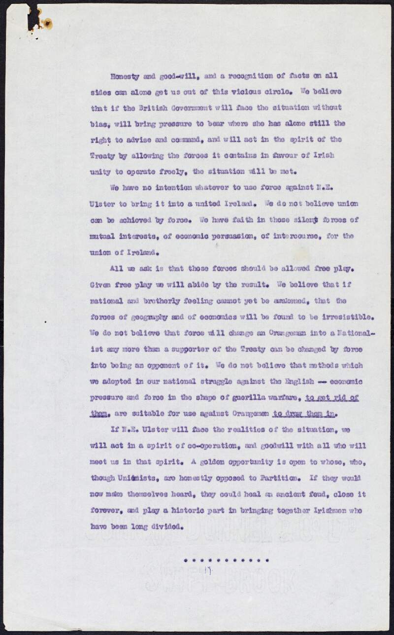 Typescript notes by Michael Collins, with some manuscript additions and corrections by him, mainly concerning the Northern question,