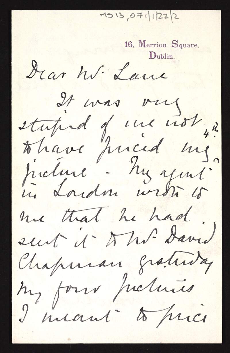 Letter from Rose Barton to Hugh Lane regarding the price of her pictures and insurance for same,