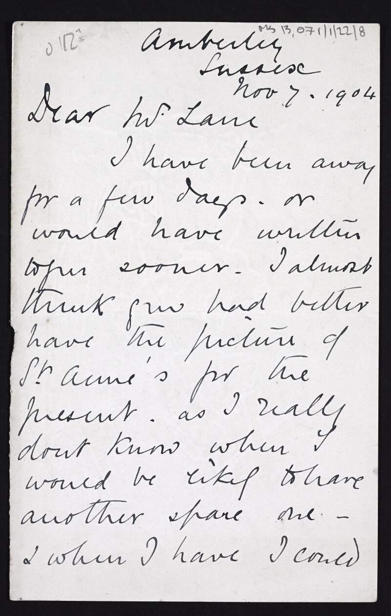 Letter from Rose Barton to Hugh Lane confirming which picture she will lend [for an exhibition], unless another becomes available at a later time,