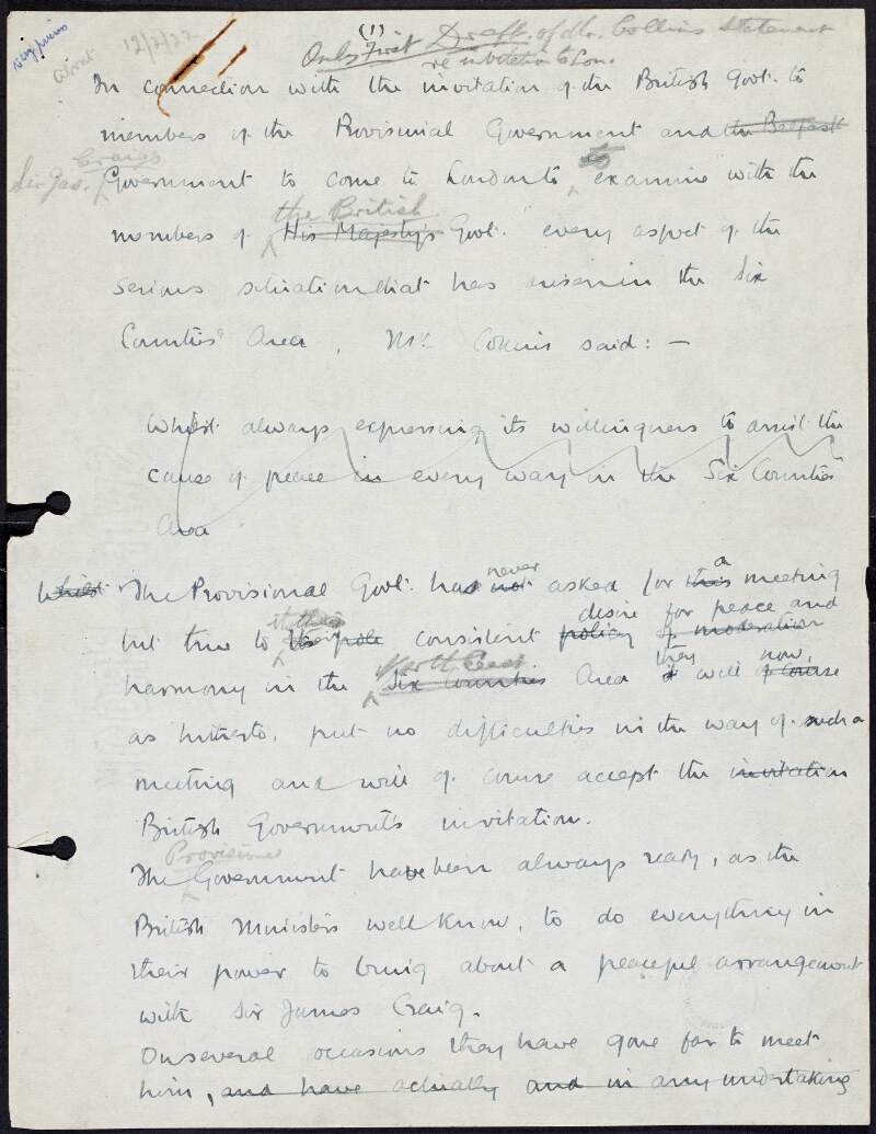 Autograph statement by Michael Collins concerning a proposed meeting with Sir James Craig, and members of the British government in London, with corrections,