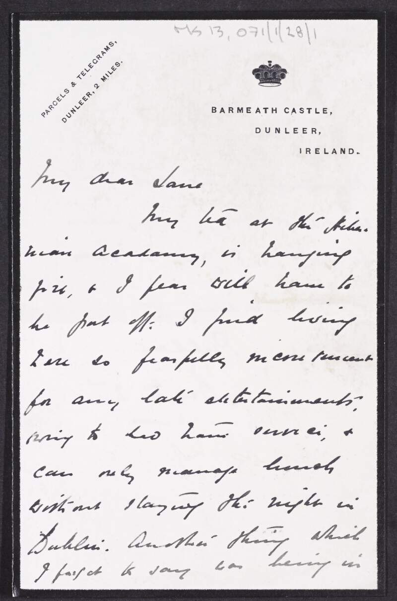 Letter from Baron Bellew to Hugh Lane regarding a tea at the Royal Hibernian Academy,