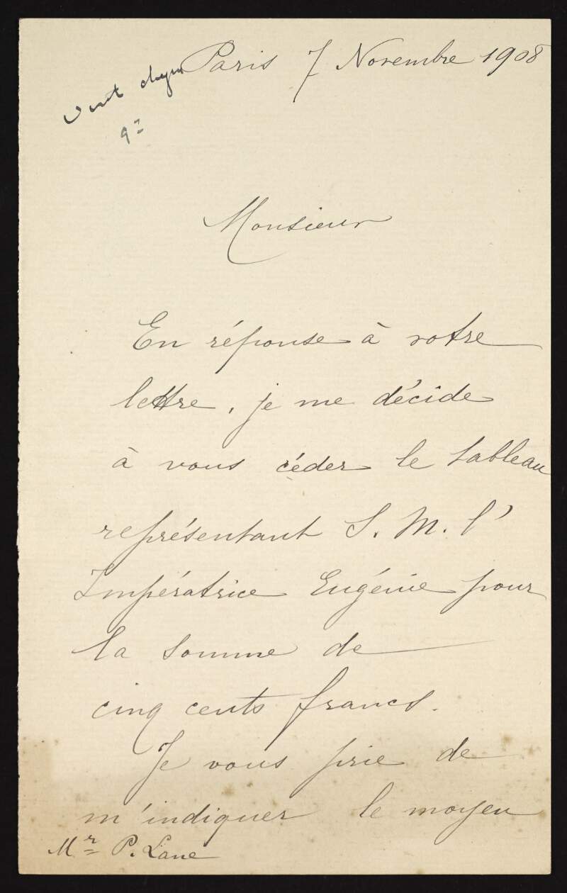 Letter from "Madame Morphange" to Hugh Lane regarding the sale of a painting,