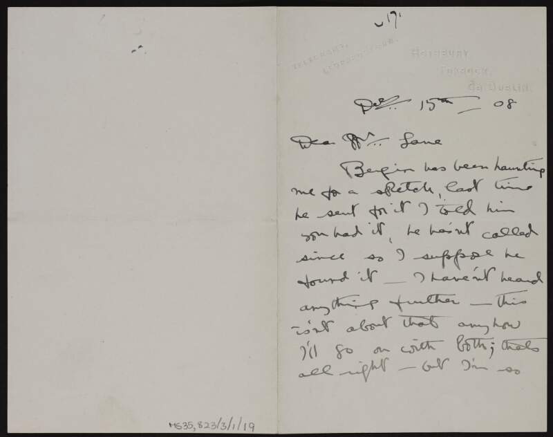 Letter from Beatrice, Baroness Glenavy, to Hugh Lane apologising for him being talked to and cross-questioned,