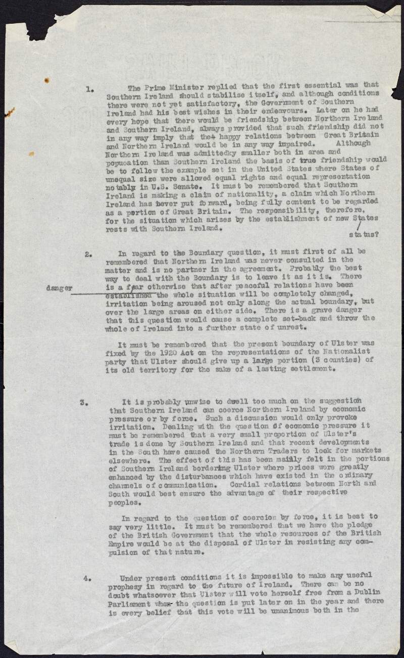 Typescript copy of a memorandum on the Northern Ireland question,