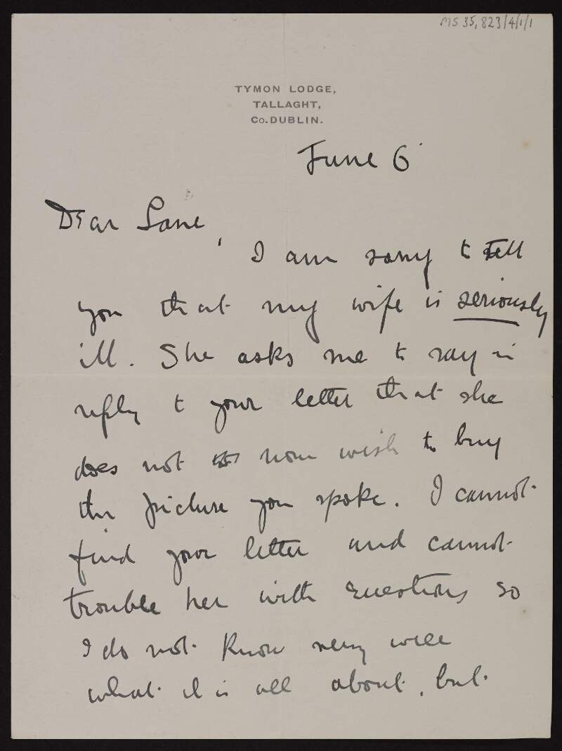 Letter from C.J. McCarthy to Hugh Lane,