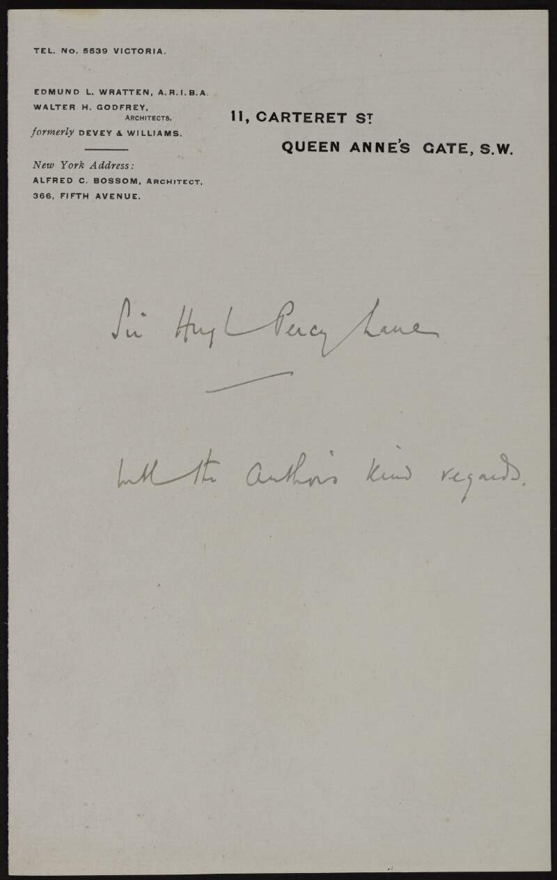 Note from Walter Hindes Godfrey to Hugh Lane stating "with the author's kind regards",