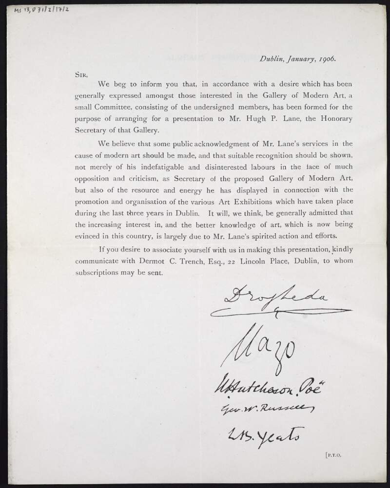 Copy of a circular letter asking for a presentation to Hugh Lane in recognition of "his services in the cause of modern art" with a list of those "already promised",