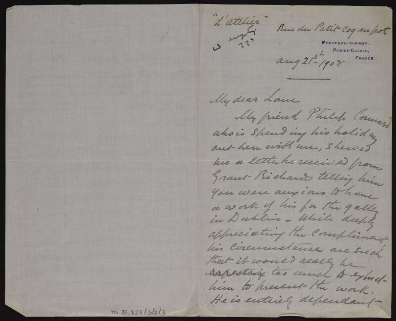 Letter from William Gore to Hugh Lane regarding Lane's eagerness to have a piece of work by Grant Richards for the Gallery and informing him the artist is dependent on sales as his living, and stating he will purchase the picture in order for it to be in the gallery,