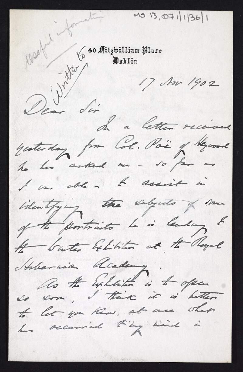 Letter from Edmund T. Bewley to Hugh Lane regarding the identification of the subjects in portraits lent to the winter exhibition of the Royal Hibernian Academy,
