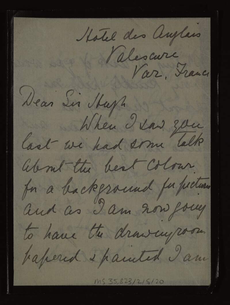 Letter from Geraldine, Baroness De Ros, to Hugh Lane asking his advice on wall paper colour for her drawing room,