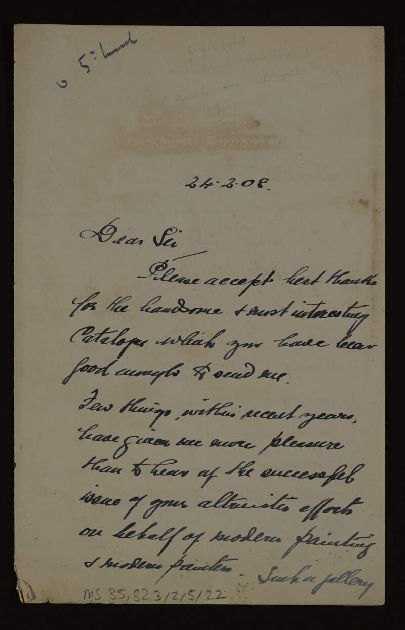 Letter from Wynford Dewhurst to Hugh Lane thanking him for the catalogue he sent, discussing the importance of Lane's gallery, the work of Monet, and sending him some art magazines,