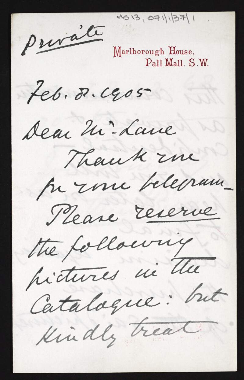Letter from Sir Arthur Bigge to Hugh Lane asking him to reserve pictures,