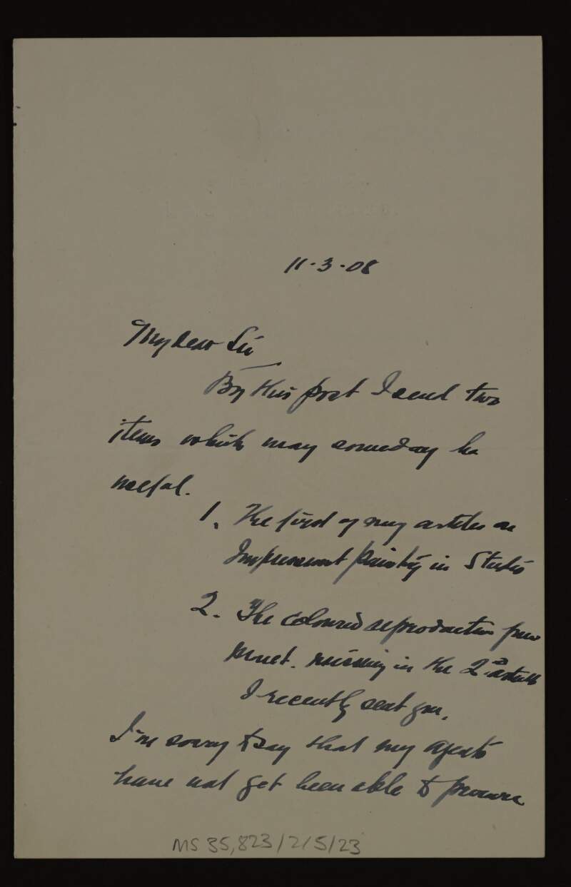Letter from Wynford Dewhurst to Hugh Lane regarding his articles,