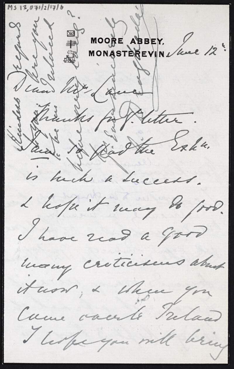 Letter from Countess Drogheda to Hugh Lane about how glad she is that the exhibition was a success,