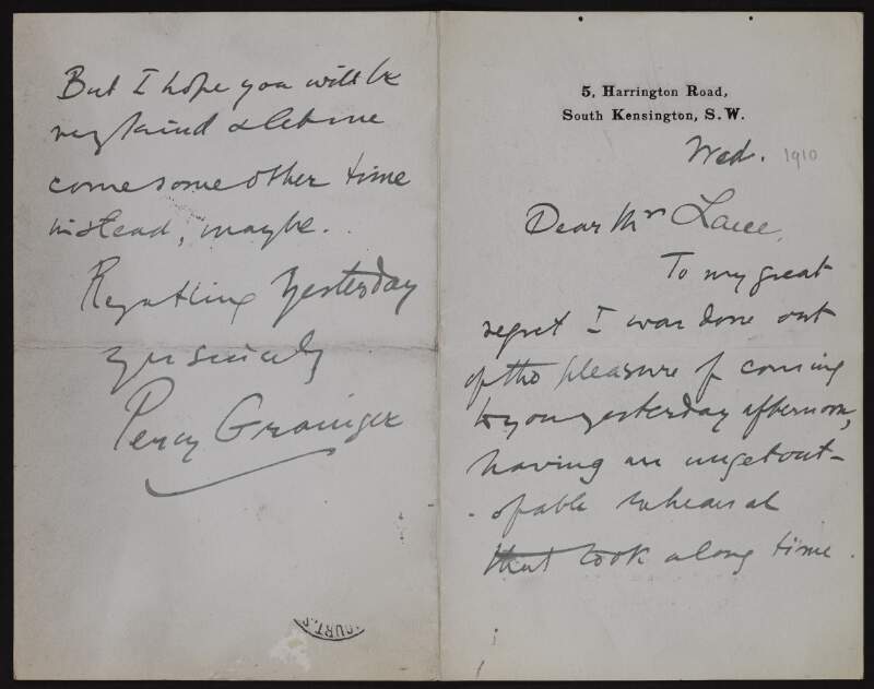 Letter from Percy Aldridge Grainger to Hugh Lane expressing his regret at not having the pleasure of visiting Lane's the previous day, due to a rehearsal,