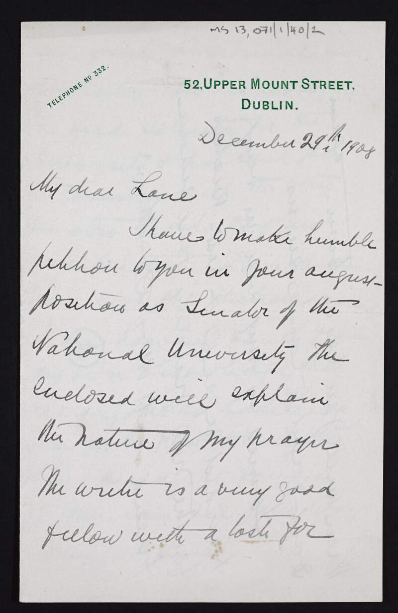 Letter from M. McDonnell Bodkin to Hugh Lane seeking Lane's support for a candidate for the post of solicitor in the National University,