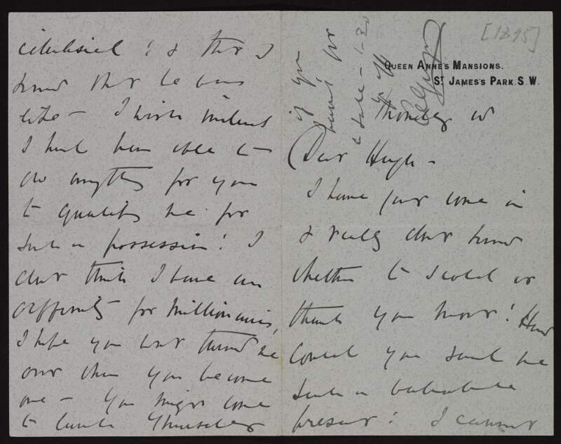Letter from Lady Gregory to Hugh Lane stating she doesn't know whether to thank him or scold him for what he sent her and referring to lunch on Thursday,