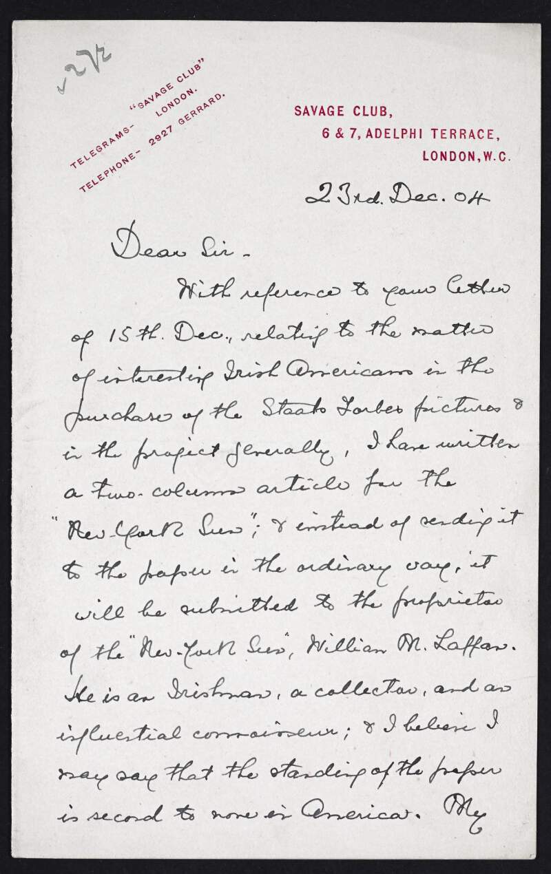 Letter from Christopher G. Mease to Hugh Lane regarding a newspaper article that he has written,