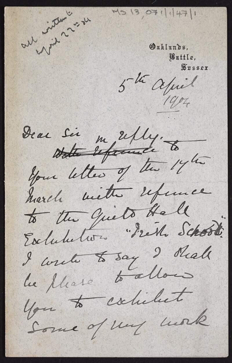 Letter from H. B. Brabazon to Hugh Lane regarding works of his that could be displayed at an exhibition in London's Guildhall,
