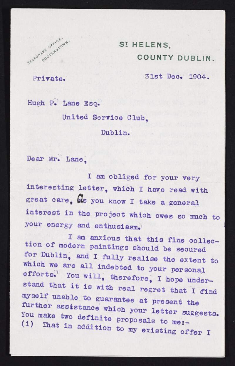 Letter from Sir John Nutting to Hugh Lane explaining why he cannot provide further financial assistance to the new modern art gallery,