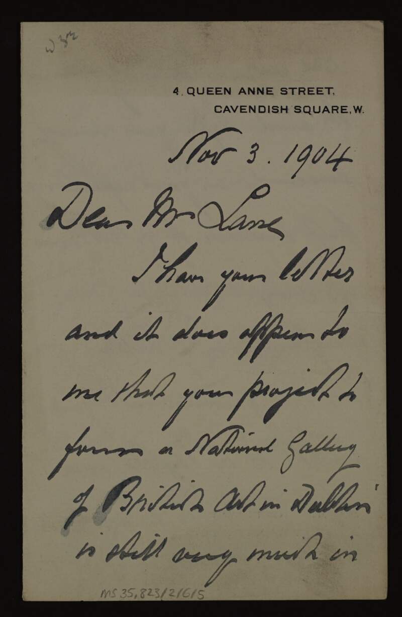 Letter from George Donaldson to Hugh Lane promising to give him a picture once his gallery of art is established in Dublin and wishing him success in his endeavours with the corporation,