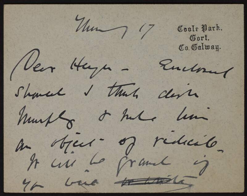 Postcard from Lady Gregory to Hugh Lane regarding an enclosed parcel and "object of ridicule",