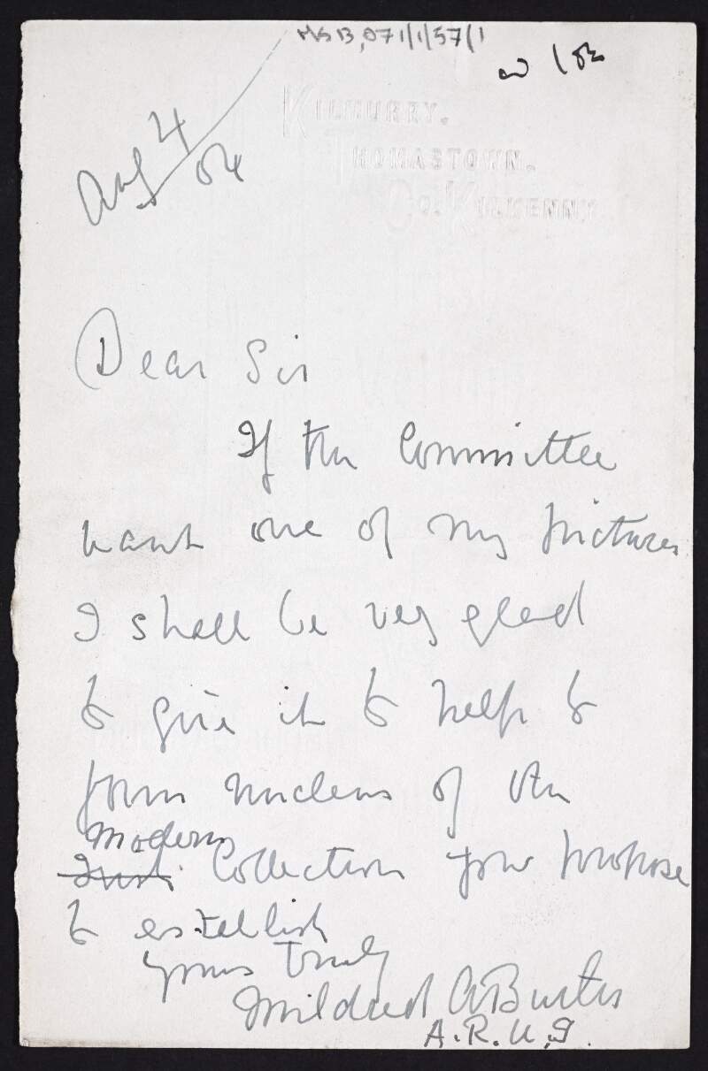 Letter from Mildred Anne Butler to Hugh Lane agreeing to give a picture [to the Municipal Gallery],