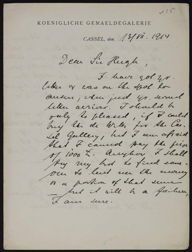 Letter from Georg Gronau to Hugh Lane regarding being unable to afford £1000 for the "Wiltz" picture and requesting a photograph of the picture,