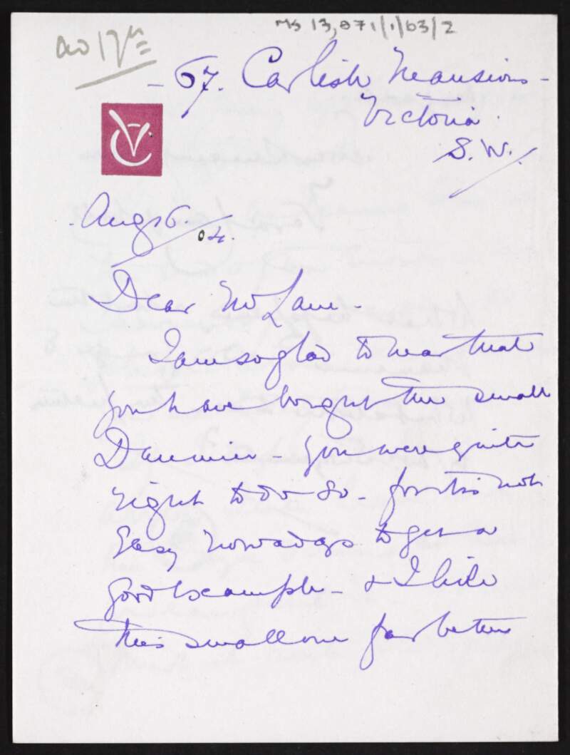 Letter from Vera Campbell to Hugh Lane expressing pleasure that Lane bought a work by Daumier, asking the name of the new gallery [Municipal Gallery], regarding a drawing by Troyon, and enquiring about a work by Mancini,