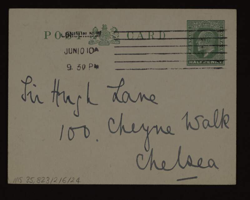 Postcard from Kathleen, Countess of Drogheda, to Hugh Lane inviting him to the baby's christening at St Paul's on Saturday,