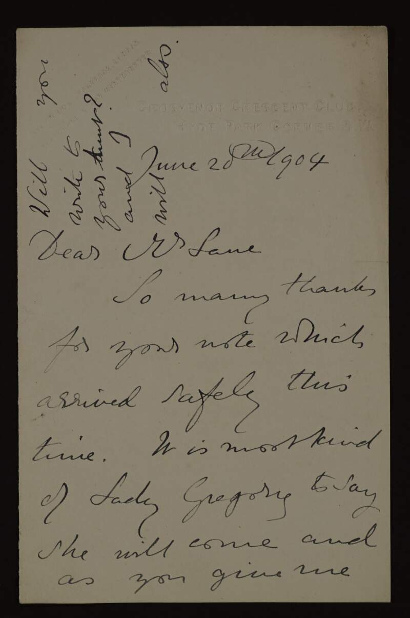 Letter from Sybil Drummond to Hugh Lane regarding Lady Gregory and organising a gathering on Friday at the Bath Club,