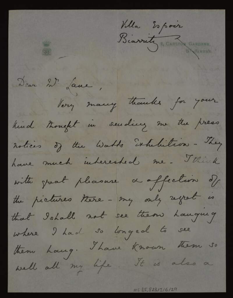Letter from Rachel, Countess of Dudley, to Hugh Lane thanking him for sending her the press notices of the Watts exhibition and asking if she could obtain notes from the lectures,