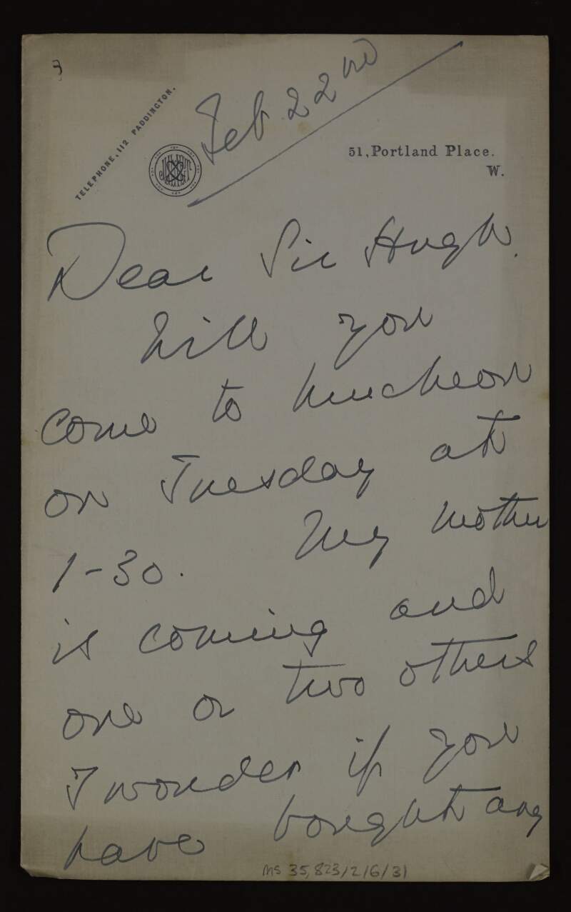 Letter from Juliet Duff to Hugh Lane inviting him to lunch on Tuesday and regarding a painting by John Opie,