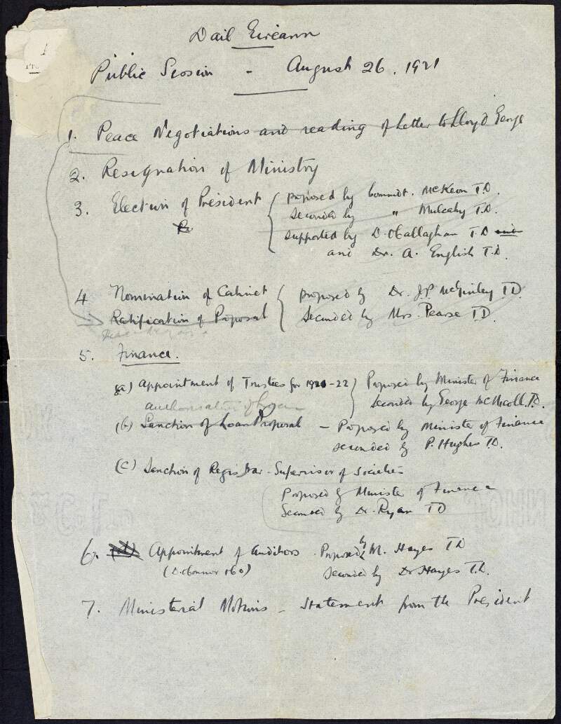 Manuscript minutes taken from a meeting of Dáil Éireann by [Diarmuid Ó hÉigeartaigh?] concerning peace negotiations, resignation of ministry, election of a president, nomination of a cabinet, finance and other such governmental issues,