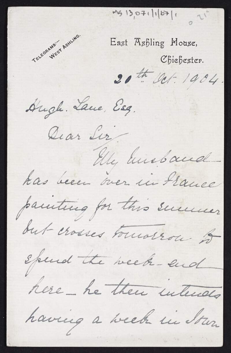 Letter from E.A. Charles to Hugh Lane inviting him to make an appointment to view the work of her husband [artist James Charles],