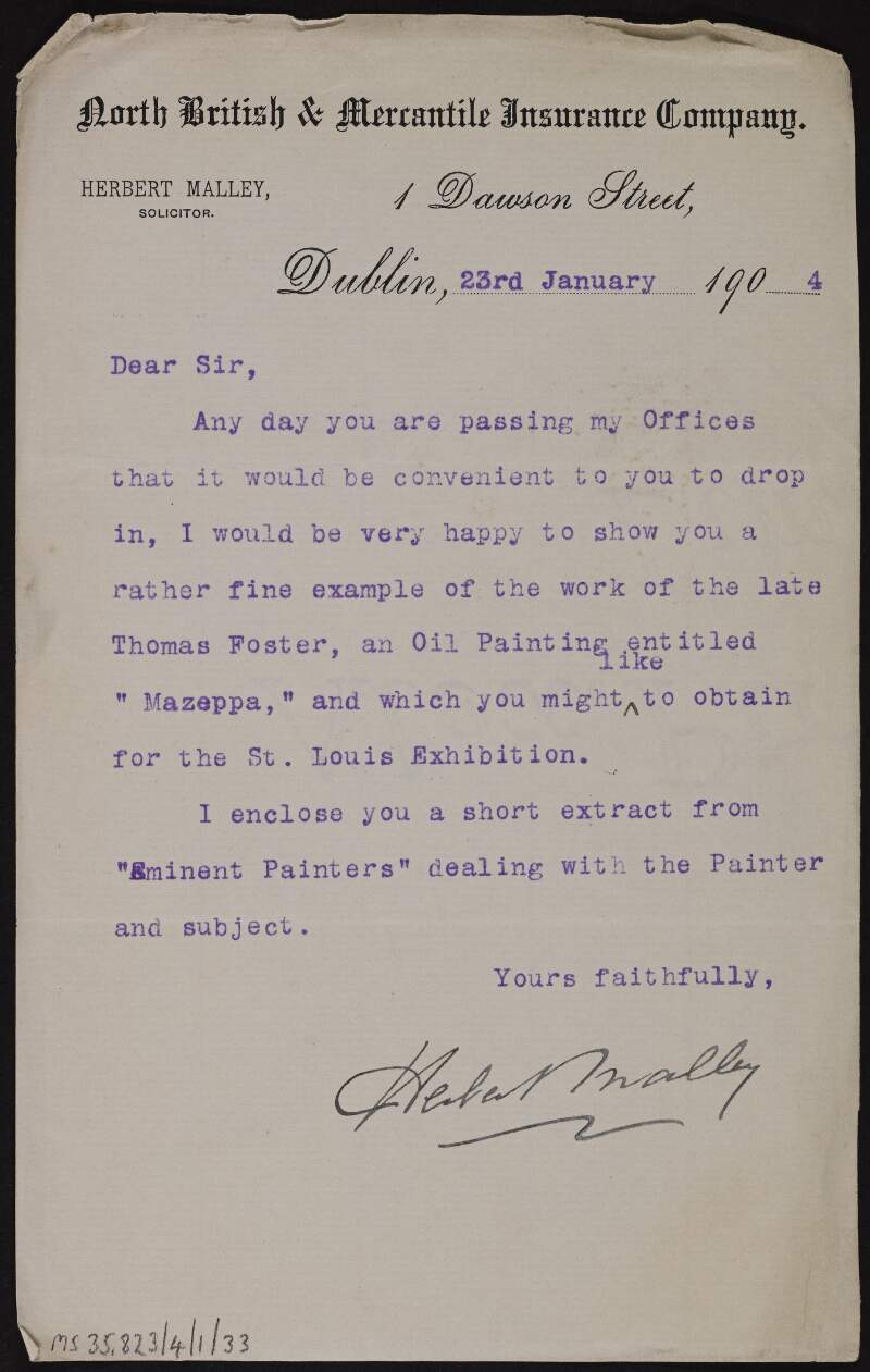 Letter from Herbert Malley to Hugh Lane inviting him to see an oil painting by Thomas Foster,