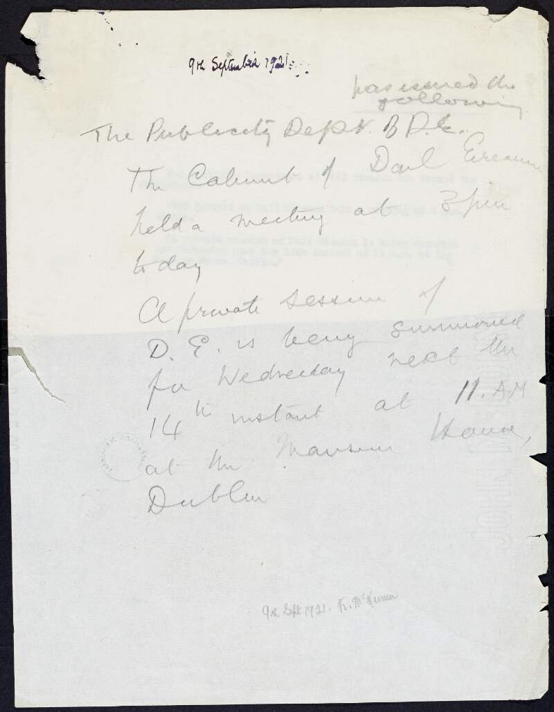 Circular issuing information about a meeting of the Dáil and a private session of the Dáil being arranged for the 14th Sep. 1921,