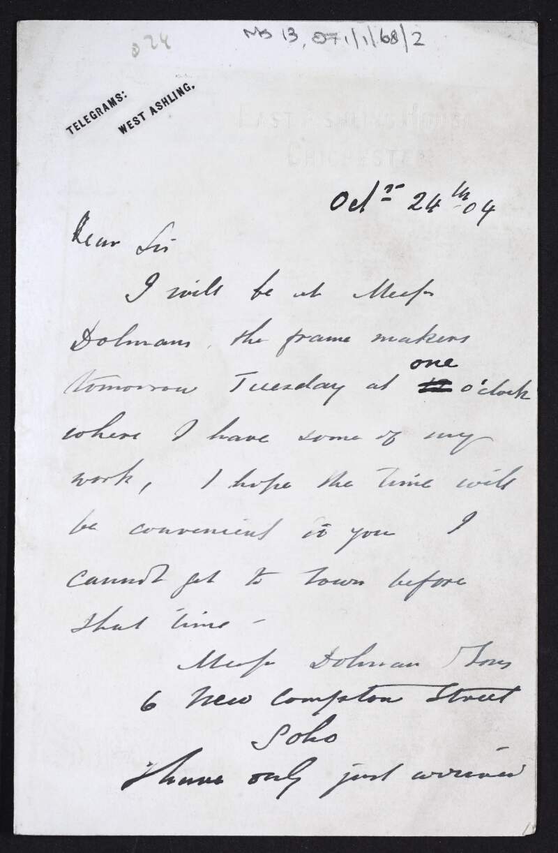 Letter from James Charles to Hugh Lane arranging to meet at Dolman frame makers,