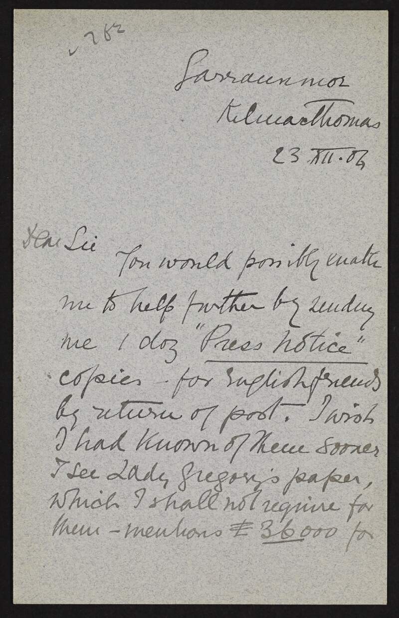 Letter from [G.P. O'Shee?] to Hugh Lane regarding efforts to raise money to purchase the Staat Forbes collection,