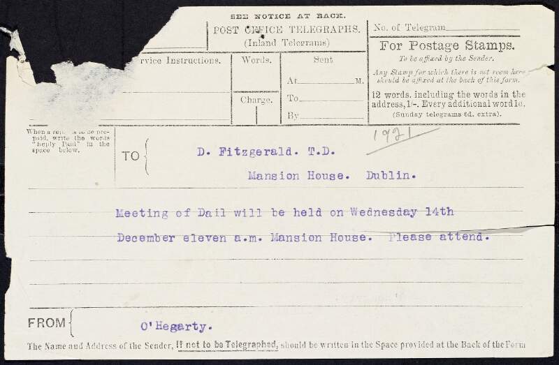Telegram from Diarmuid Ó hÉigeartaigh to Desmond FitzGerald regarding a meeting of the to be held on 14th Dec. 1921,