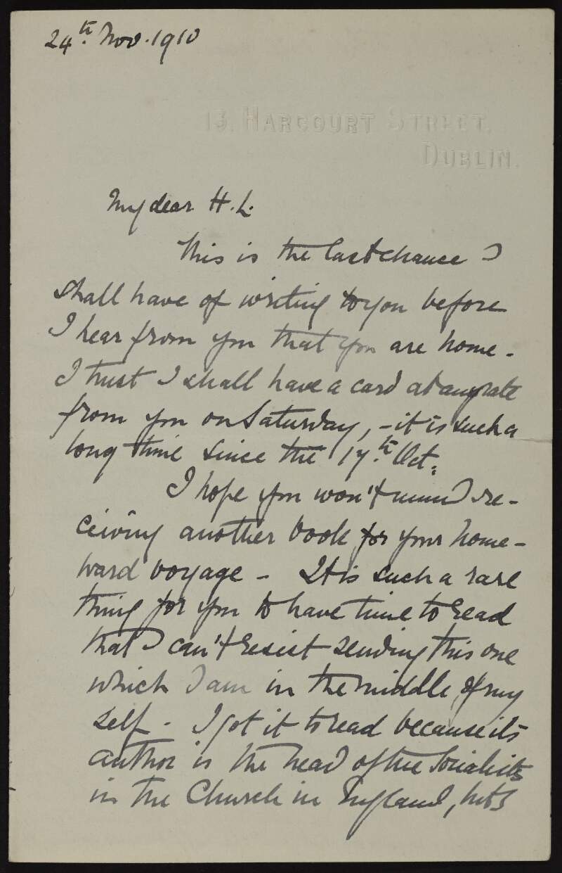Letter from Sarah Cecilia Harrison to Hugh Lane regarding Lane's time off, a book she is reading about Socialism, and various pictures at the Gallery,
