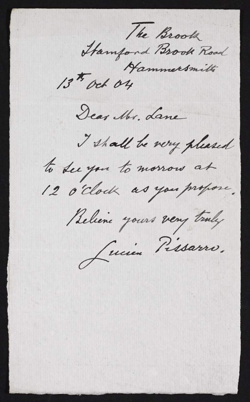Letter from Lucien Pissarro to Hugh Lane arranging a meeting,