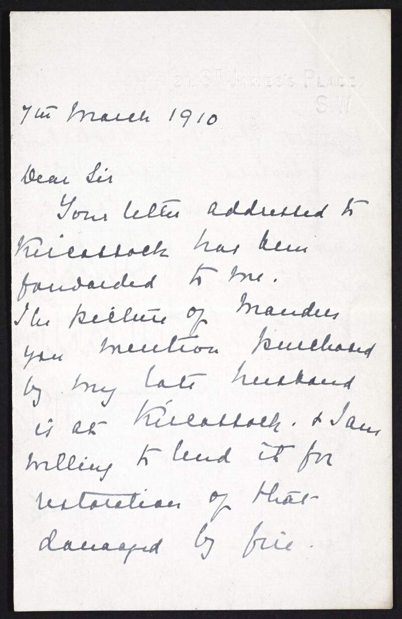 Letter from M.E. Christie-Miller to [Hugh Lane] expressing willingness to lend a picture "for restoration of that damaged by fire",