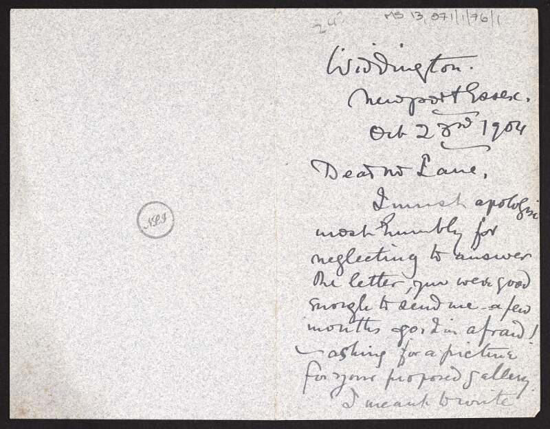 Letter from George Clausen to Hugh Lane confirming that he will give a picture [to the Municipal Gallery],