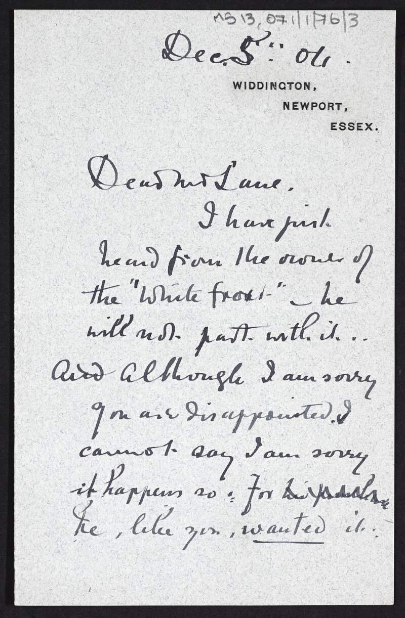 Letter from George Clausen to Hugh Lane informing him that one of his pictures cannot be got for Lane,