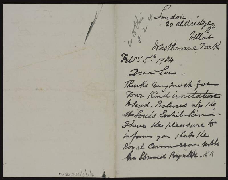 Letter from Edwin Hayes to Hugh Lane thanking him for his invitation to send pictures to the St. Louis exhibition and informing him that the Royal Commission with Sir Howard Poyntel have selected two works that can be sent,