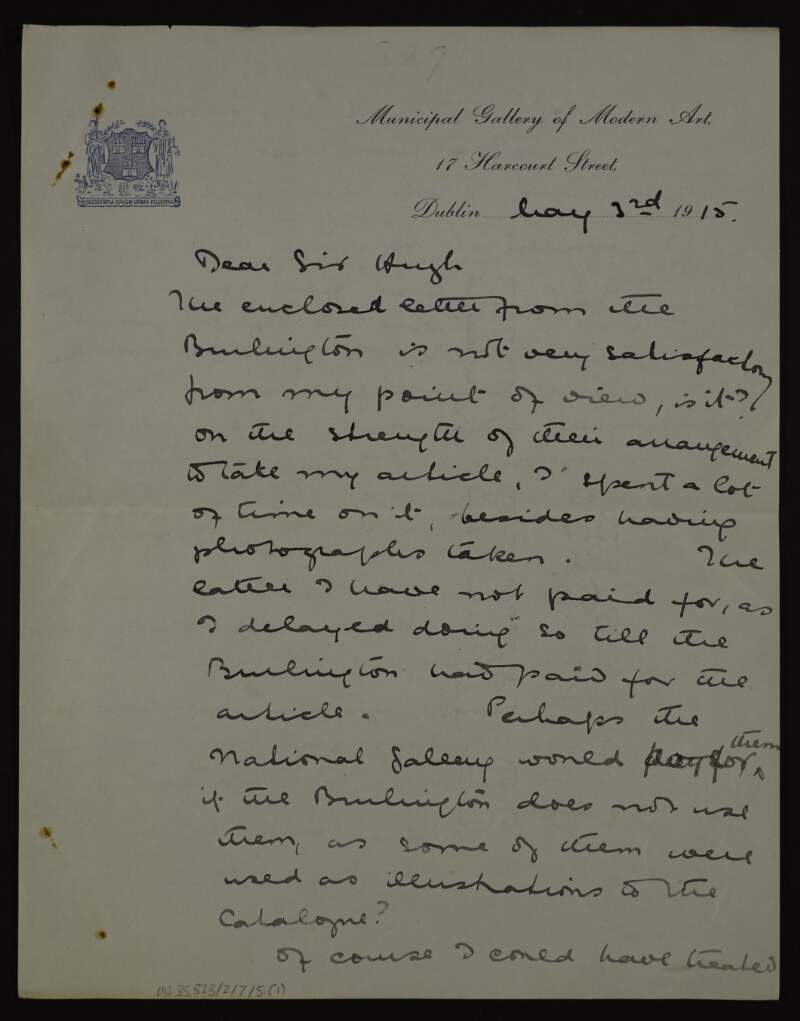 Letter from Ellen Duncan to Hugh Lane regarding an article of hers about the new additions to the National Gallery in Dublin, with enclosed typescript letter from More Adey, Editor of the Burlington Magazine, dated 1 May,