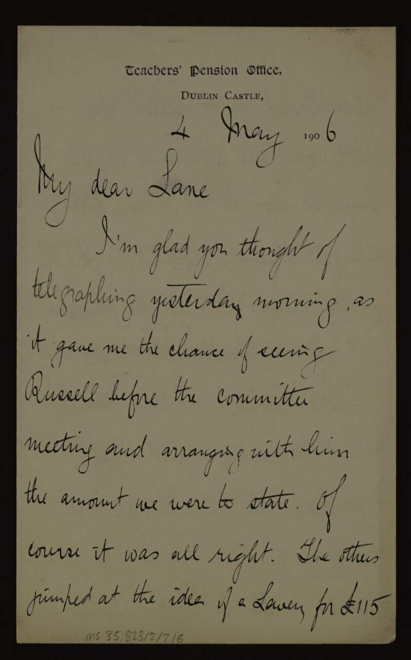 Letter from James Duncan to Hugh Lane regarding a committee meeting to purchase a Lavery and the influence Lord Mayo may have in the project of a Dublin gallery,