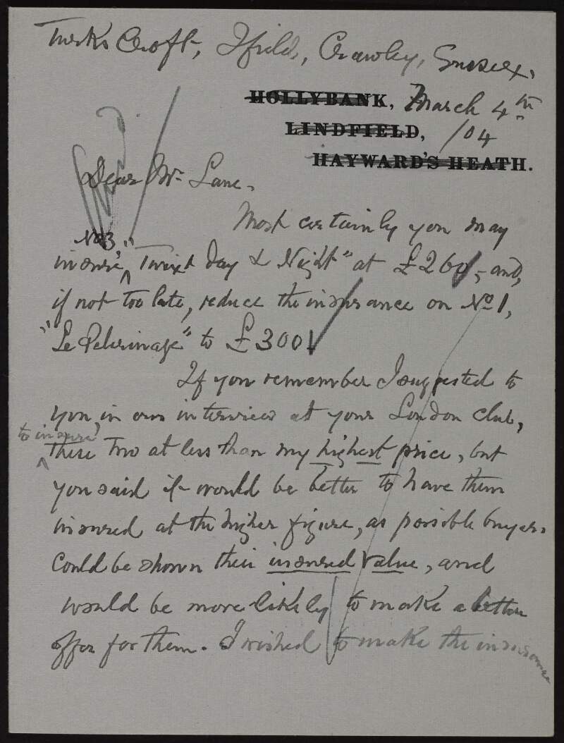 Letter from William John Hennessy to Hugh Lane discussing the insurance of Hennessey's pieces of work and how the higher the insurance the more likely the buyer will increase their offers,