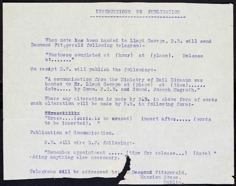 Typescript note by Desmond FitzGerald regarding instructions for the release for publication of messages exchanged between Éamon de Valera and David Lloyd George,